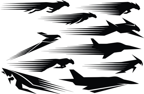 Black silhouettes of fast moving animals and jets speed, speed, motion, blur, abstract, graphic, vector, silhouette, black, white, cheetah, jaguar, panther, lion, tiger, falcon, eagle, jet, airplane, 