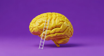 A yellow brain with a white ladder leaning against it on a purple background in a studio shot