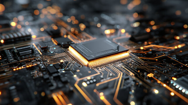 A close-up view of a computer processor, showing intricate circuits and glowing components