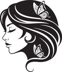 Black and white silhouette of a woman's profile with butterflies in her hair female