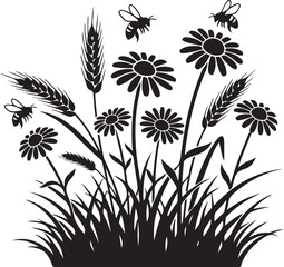 Black and White Silhouette of Daisies Wheat and Bees in Grass Field flowers stalks