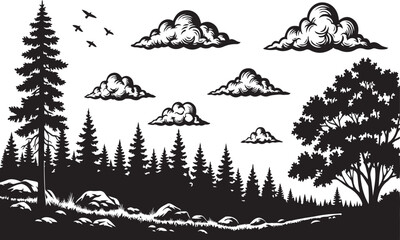 Black Silhouette Landscape of Pine Forest River and Clouds with Flying Birds Keywords: forest, pine trees