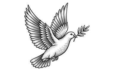 Fototapeta premium Detailed hand drawn dove with olive branch in midair