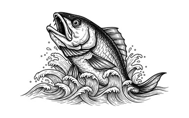 Detailed black and white ink drawing of leaping fish amidst splashing waves