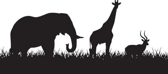 Black Silhouettes of Elephant Giraffe and Antelope in Grassy Savannah Landscape Keywords: elephant, giraffe