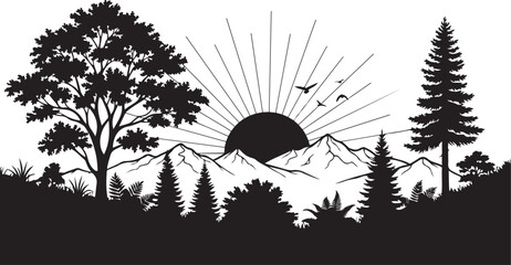 Mountain Landscape Silhouette with Sunrise and Trees and Birds sun rays