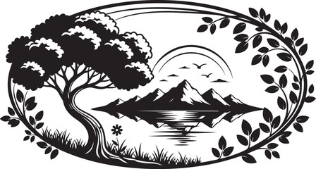 Oval Frame with Tree, Mountains, Lake, and Birds Silhouette vector illustration