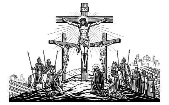 Intricate black and white depiction of biblical crucifixion scene with detailed figures