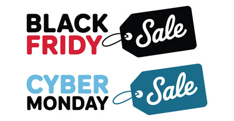 Black Friday and Cyber Monday sale banner with bold text, colorful price tags, and festive layout for ecommerce, retail, and digital ads 