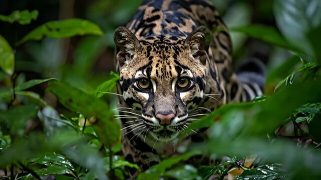 Clouded Leopard Emerging From Lush Green Jungle Foliage.