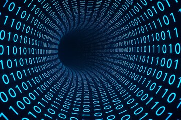 Futuristic blue binary code tunnel with glowing 0s and 1s swirling into digital void. Perfect cyber tech wallpaper for hackers.