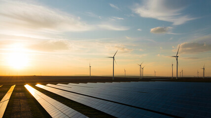 Solar panels and wind turbines under a bright sunset sky in a field of renewable energy sources
