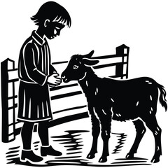 Girl and Goat Silhouette Cute Black and White Illustration Vector Graphic on White Background