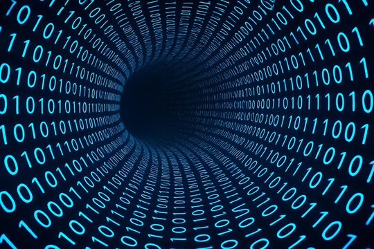 Futuristic blue binary code tunnel with glowing 0s and 1s swirling into digital void. Perfect cyber tech wallpaper for hackers. - Powered by Adobe