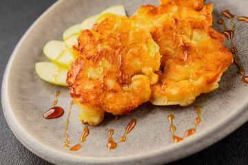 Apple pancakes sweet dish delicious breakfast fruit dish natural product tasty snack fresh delicious gourmet food background on the table rustic top view copy space