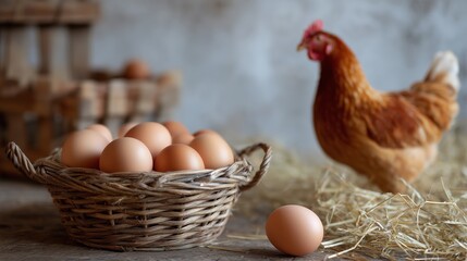 Hen laying eggs in a rustic setting with basket and straw in a farm environment