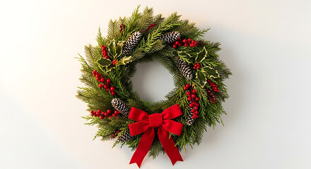 Festive Christmas wreath with red bow and pine cones, perfect for holiday decoration and seasonal greetings