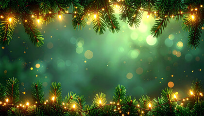 Fototapeta premium Festive pine branches adorned with glowing string lights create warm holiday atmosphere