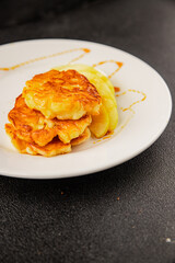 Apple pancakes sweet dish delicious breakfast fruit dish natural product tasty snack fresh delicious gourmet food background on the table rustic top view copy space