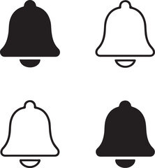 Isolated Notification Bell black vector icon set, notification bell icons, alert reminder update digital interface, solid black outline filled minimal thin stroke, online message alarm symbols