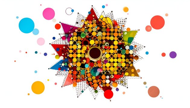 Abstract geometric artwork with a vibrant explosion of shapes and colors against a white background
