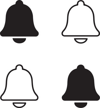 Isolated Notification Bell black vector icon set, notification bell icons, alert reminder update digital interface, solid black outline filled minimal thin stroke, online message alarm symbols
