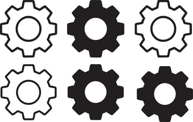 Isolated App Settings Gear black vector icon set, settings gear icons, system configuration control tech design, solid black outline filled minimal thin stroke, technology setup adjustment symbols