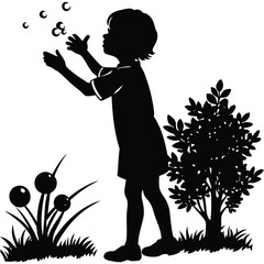 Child Blowing Bubbles Silhouette in Black and White Landscape Illustration on White Background