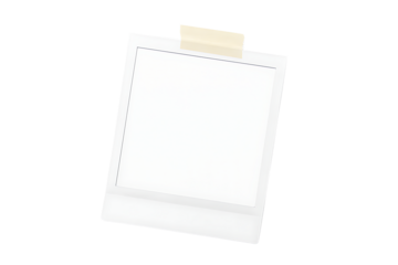 Blank white instant photo frame in Polaroid style with textured borders and beige masking tape, isolated on a transparent seamless background with ample copy space and no shadows, concept for vintage 