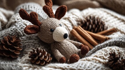 Obraz premium Knitted toy reindeer on cozy wool blanket