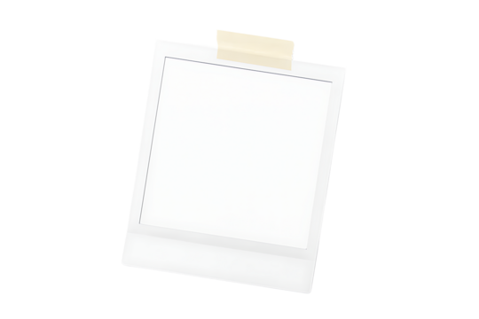 Blank white instant photo frame in Polaroid style with textured borders and beige masking tape, isolated on a transparent seamless background with ample copy space and no shadows, concept for vintage 