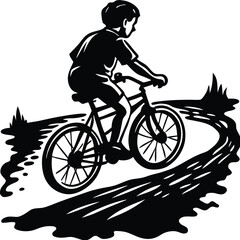 Boy's Bicycle Ride Silhouette on a Curvy Path for Outdoor Adventures on White Background