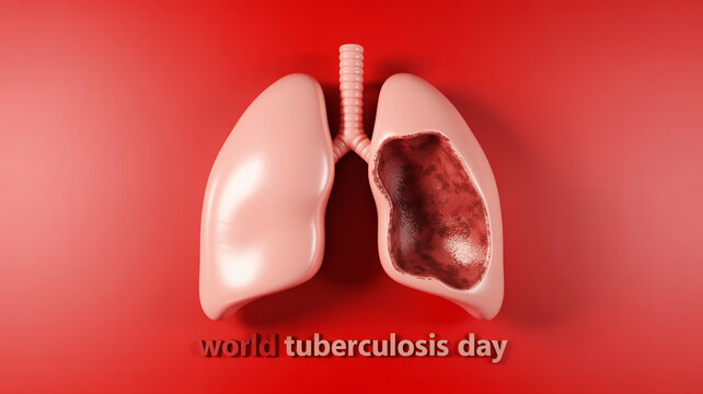 Illustration of lungs with one lung damaged on a red background for world tuberculosis day - Powered by Adobe