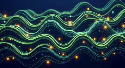 Abstract wavy lines with glowing particles on a dark background visual representation of data flow