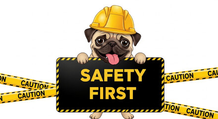 A pug wearing a hard hat holding a safety first sign surrounded by caution tape on white background