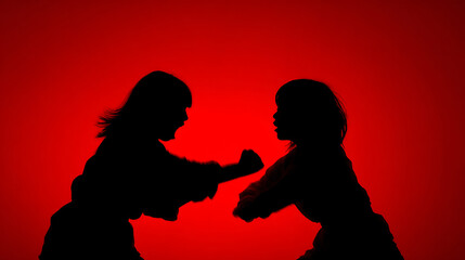 Dynamic Silhouettes of Combatants in Action on a Vibrant Red Backdrop
