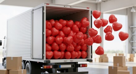 Truck filled with red heart-shaped balloons in a warehouse for Valentine's Day celebration