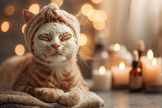 Cat enjoying a spa day with a face mask, candles, and relaxing ambiance in a cozy room - Powered by Adobe