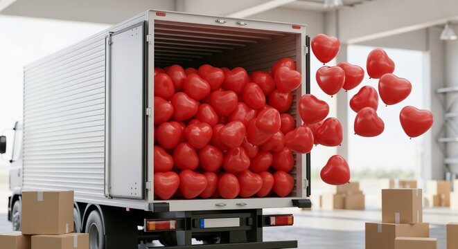 Truck filled with red heart-shaped balloons in a warehouse for Valentine's Day celebration