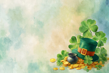 Fototapeta premium Celebration of St. Patrick's Day with a green hat, pot of gold, and clovers on a soft background