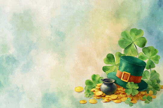 Celebration of St. Patrick's Day with a green hat, pot of gold, and clovers on a soft background
