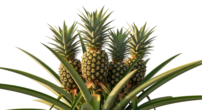 Cluster of ripe pineapples, with green leafy crowns and textured skin, cutout, PNG isolated on white or transparent background - Powered by Adobe