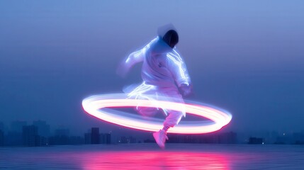 Person dancing with a lighted hoop, vibrant colors illuminating the night, showcasing joyful movement and creativity.