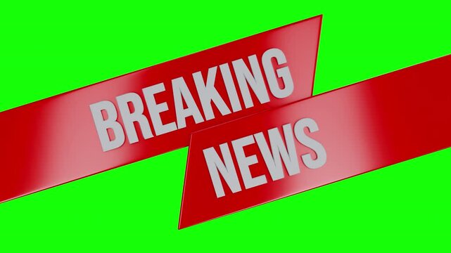 3d animation breaking news element isolated on chroma key background. Motion banner for broadcast tv show project in realistic glossy style.