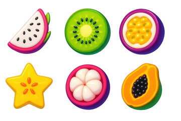 Collection of fruit icons, including a star, a kiwi, a pineapple, a watermelon