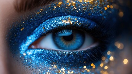Close-up of a woman's eye with vibrant blue and gold glitter makeup