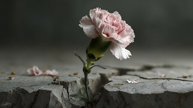 Resilient Beauty of a Single Pink Flower Emerging from a Crack in the Ground