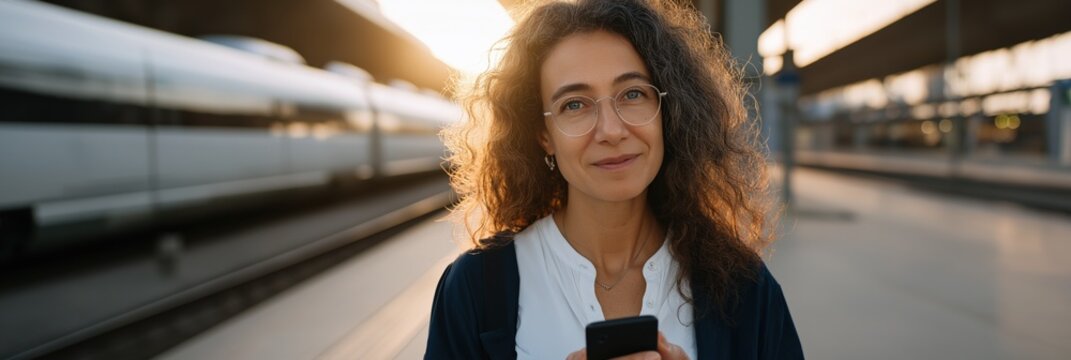 Woman waiting at train station with smartphone during sunset