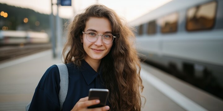 Young caucasian female with smartphone at train station