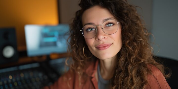 Young caucasian female sound engineer in studio with curly hair and glasses